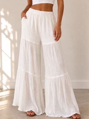Nectar Clothing White Tiered Wide Leg Gauze Pants